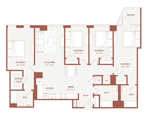 Floor plan for 4 beds, 3 baths, 397 sqft